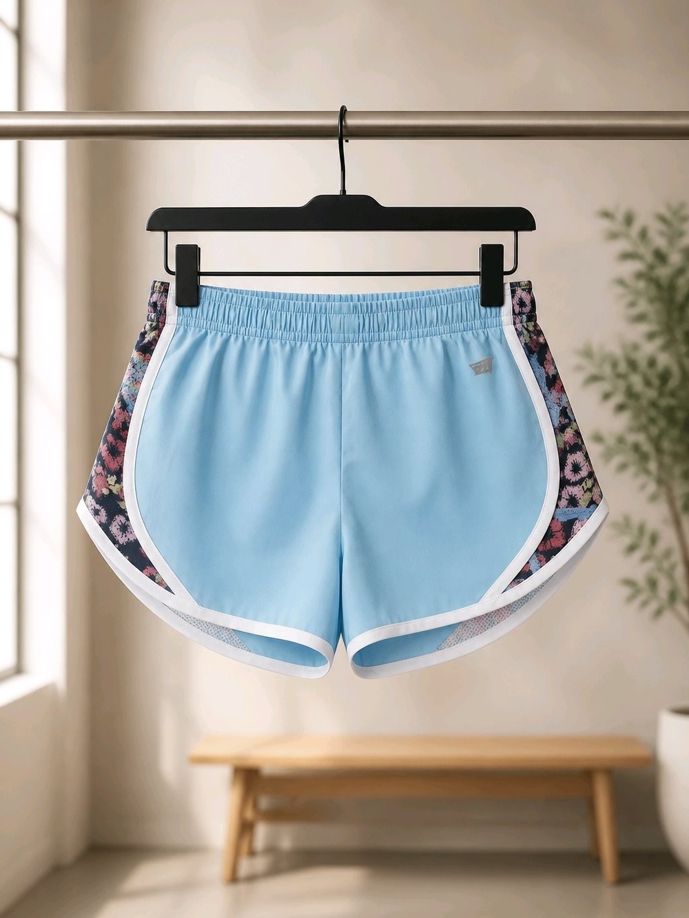 Girls' Light Blue Floral-Trim Athletic Shorts